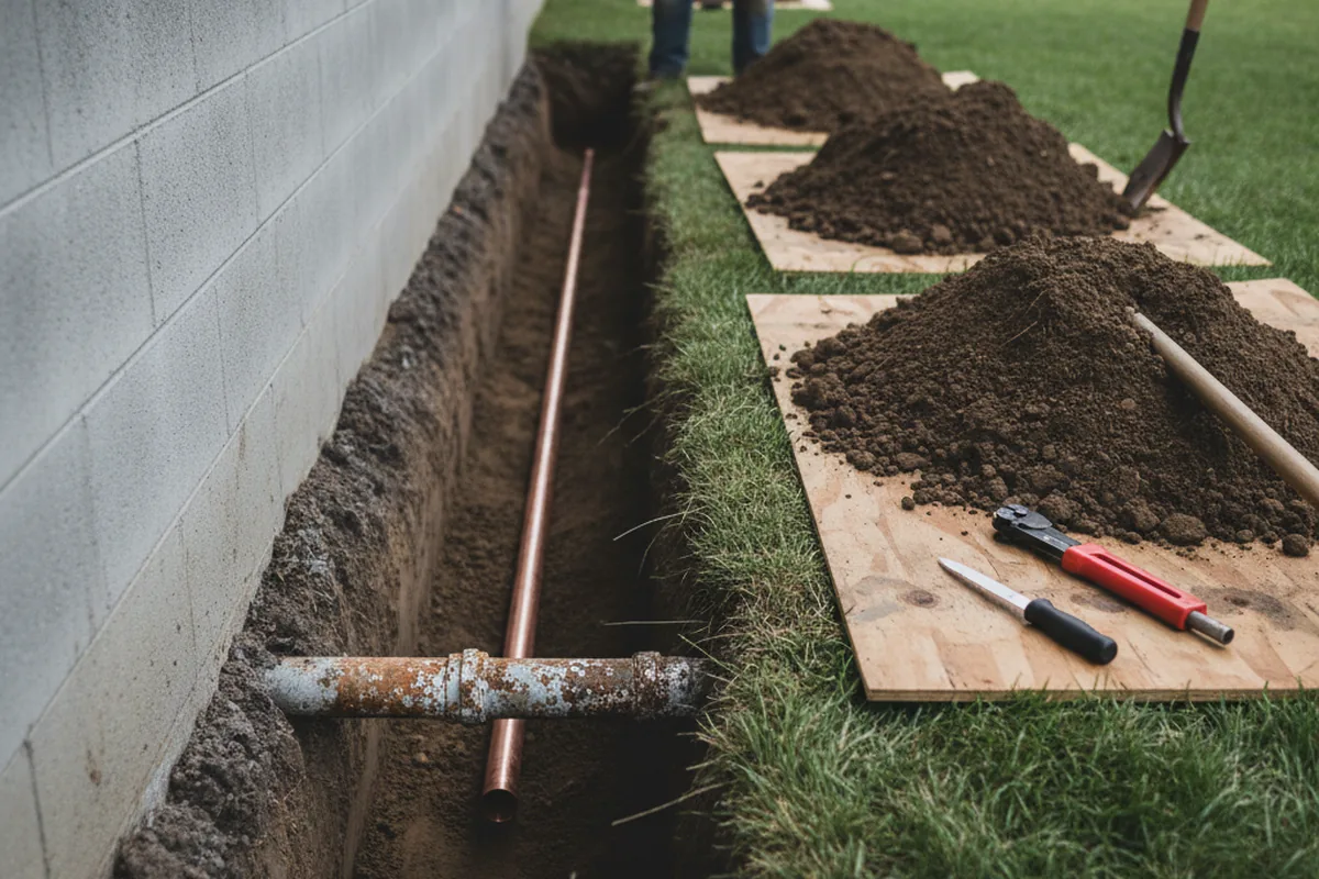 Excavated water line trench during Sewer Line Repair in Preston